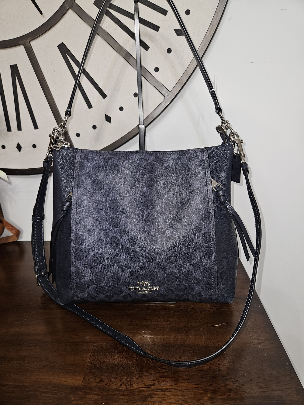 Coach Navy Signature Jacquard Hobo with Leather Trim